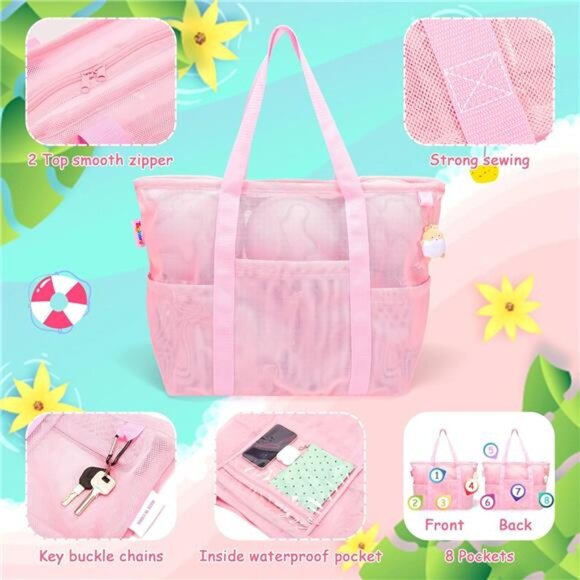 Mesh Beach Bag with Zipper Large Beach Tote Waterproof Sandproof with 8 Pockets - Picture 3 of 7